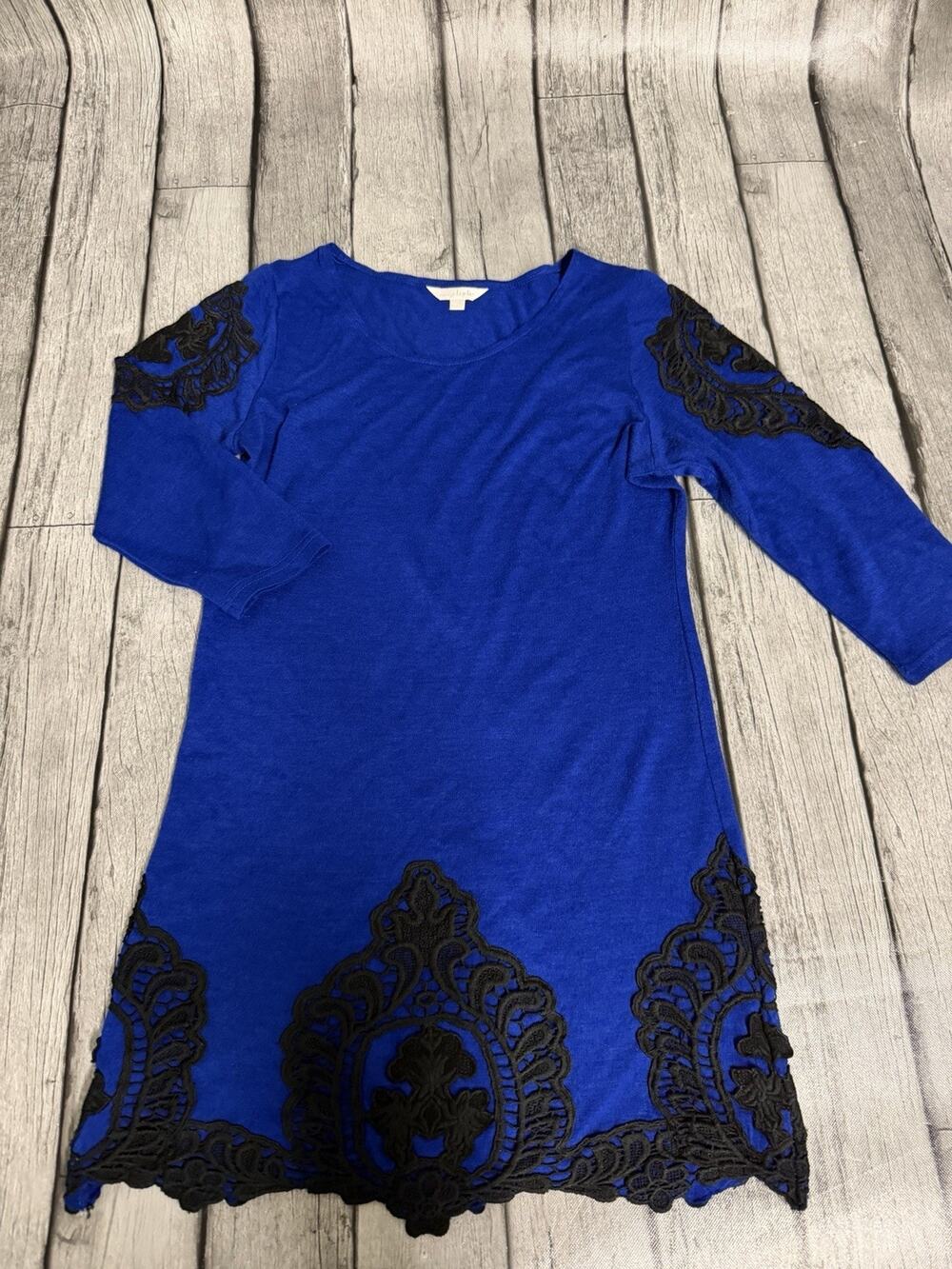 Charming Charlie Sweater Dress 3/4 Sleeve Royal Blue W Black Lace Sz Medium